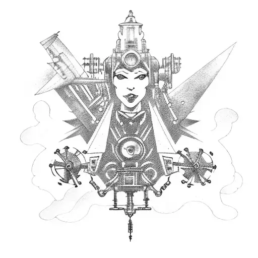 Steampunk-inspired dream world with flying gears tattoo design idea
