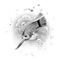 A surreal and dreamlike composition of a paintbrush transforming into a diving fin, symbolizing the merging of passions tattoo design idea