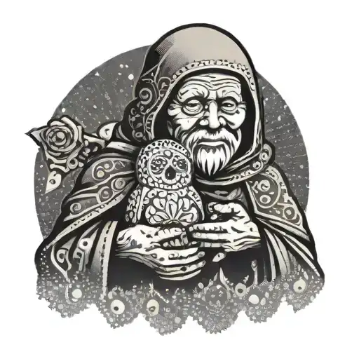 A beggar grandfather holding an evil matryoshka doll with a weapon under a black sky in a dotwork style tattoo design idea