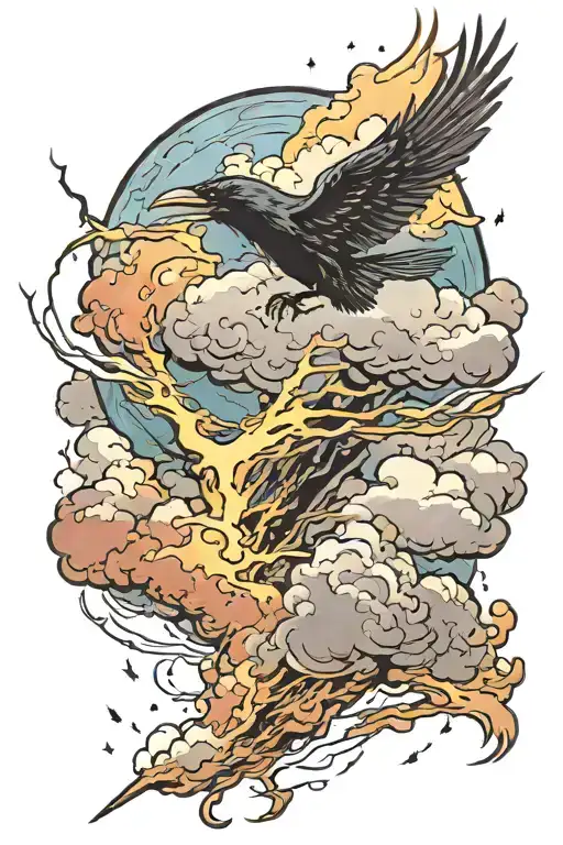 lightning bolt, raven flying, clouds, tattoo design idea