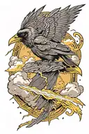 lightning bolt, raven flying, clouds, tattoo design idea