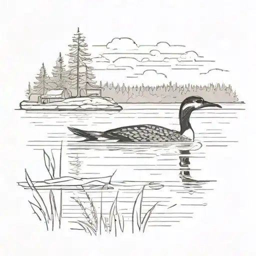 a loon on a lake  with a dock in the background  tattoo design idea