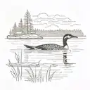 a loon on a lake  with a dock in the background  tattoo design idea