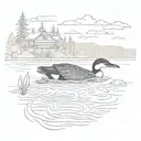 a loon on a lake  with a dock in the background  tattoo design idea