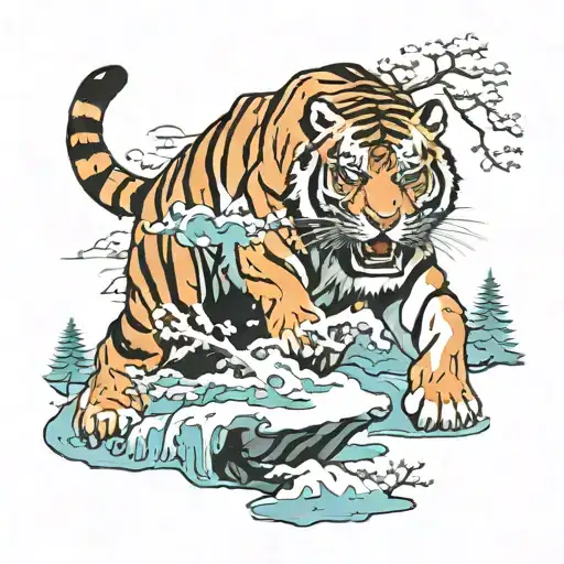 Tiger fighting polar bear in front of bonsai tree on ice berg  tattoo design idea