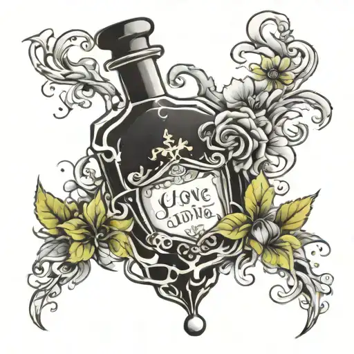 love potion bottle , with smoke ,flowers  tattoo design idea