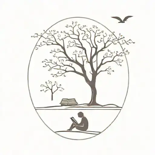 A minimalist tattoo of a serene landscape with a lone figure reading a book under a tree, capturing your love for books and solitude tattoo design idea
