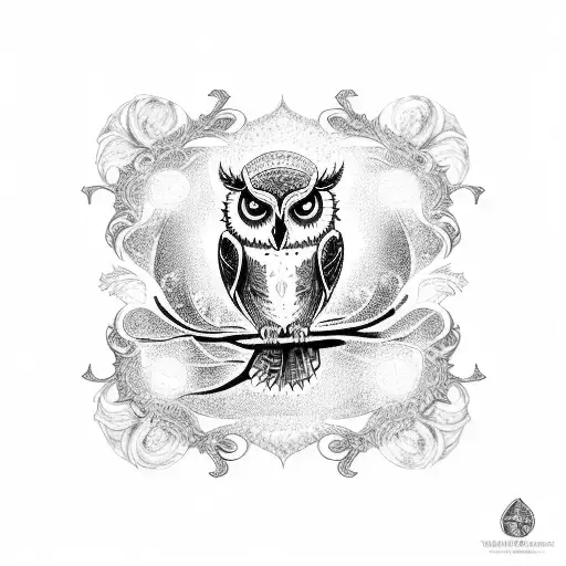 A blackwork tattoo of a mystical owl perched on a tree branch, surrounded by swirling waves and musical notes, capturing the enchanting beauty of nature and music. tattoo design idea