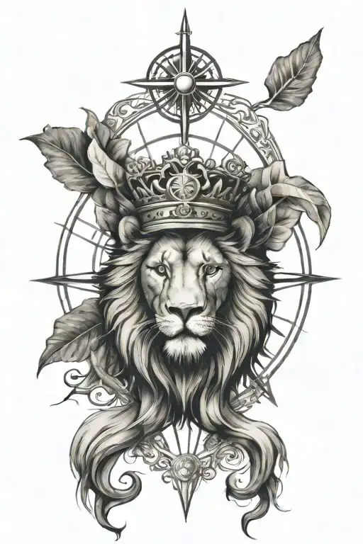 lion head with roman numbers and a compass rose tattoo design idea