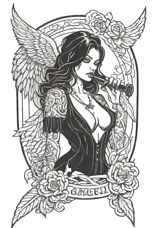 Sexy Woman Gangster Girl angel tattoo design idea