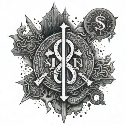 An abstract representation of the saying 'money is the rule to all evil' incorporating dollar signs and dark imagery tattoo design idea