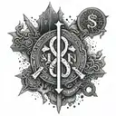An abstract representation of the saying 'money is the rule to all evil' incorporating dollar signs and dark imagery tattoo design idea