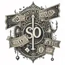 An abstract representation of the saying 'money is the rule to all evil' incorporating dollar signs and dark imagery tattoo design idea