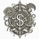 An abstract representation of the saying 'money is the rule to all evil' incorporating dollar signs and dark imagery tattoo design idea
