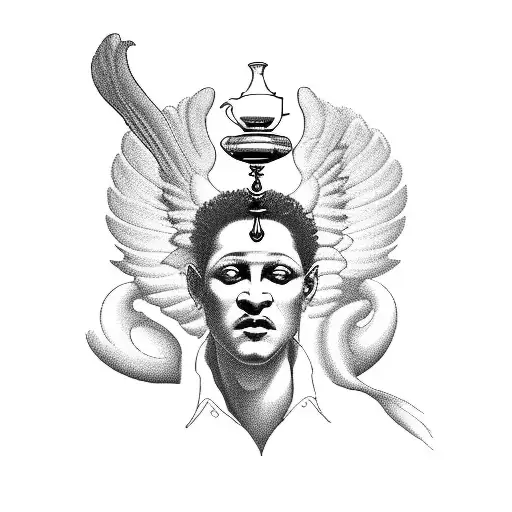 Create an image representing Morpheus, the winged Greek god of dreams, holding a cup inscribed with "Vitam tua plasmare" tattoo design idea