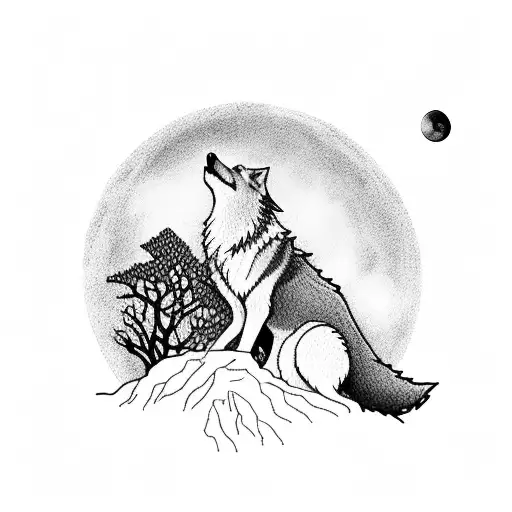 A silhouette of a lone wolf howling at the moon, standing on a rocky cliff amidst a dense forest tattoo design idea