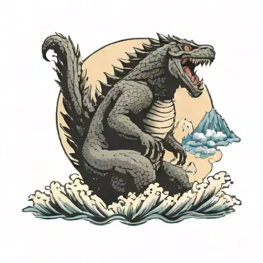 Godzilla with Fuji mountain in background with night time sky full moon tattoo design idea