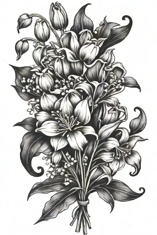 baby breath tulip and lilly of the valley bouquet tattoo design idea