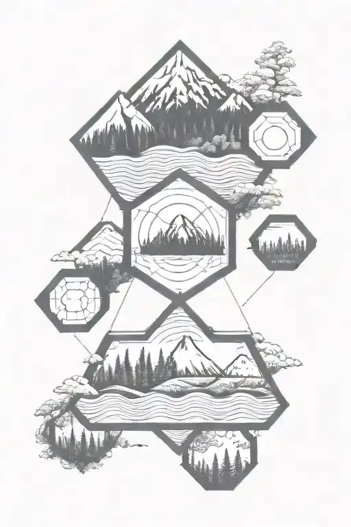 serotonine molecule forming the shape. with forest montain and water tattoo design idea