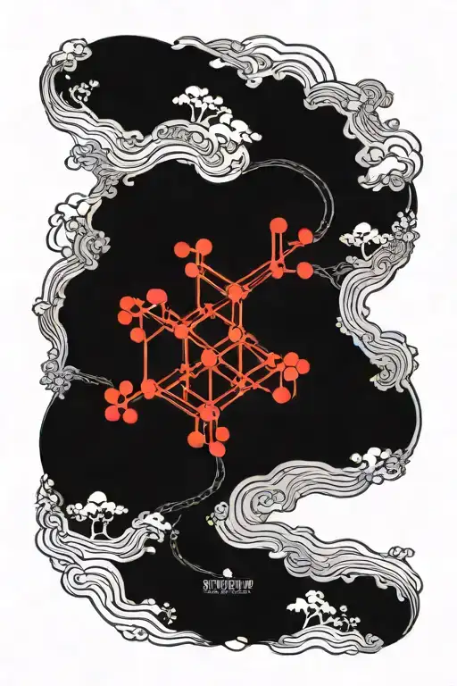 serotonine molecule forming the shape. with forest montain and water tattoo design idea