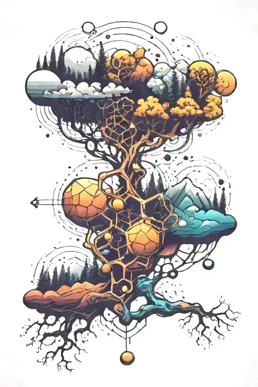serotonine molecule forming the shape. with forest montain and water tattoo design idea