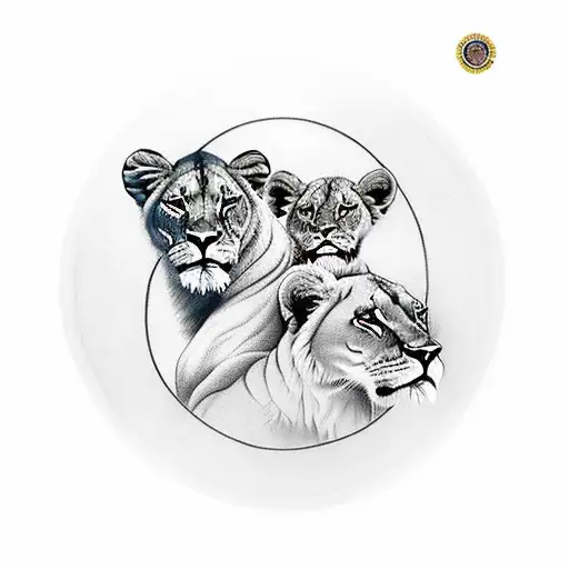 circle with a portrait of a lioness with 2 cubs and around the circle there are flowers tattoo design idea