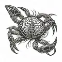Black and white lines of a crab, inside a sign of crayfish tucks and the inscription CANCER tattoo design idea