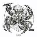 Black and white lines of a crab, inside a sign of crayfish tucks and the inscription CANCER tattoo design idea