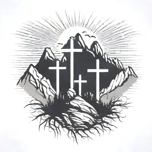 3 crosses on mountain with light beams tattoo design idea