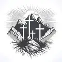 3 crosses on mountain with light beams tattoo design idea