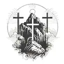 3 crosses on mountain with light beams tattoo design idea