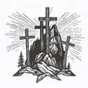 3 crosses on mountain with light beams tattoo design idea