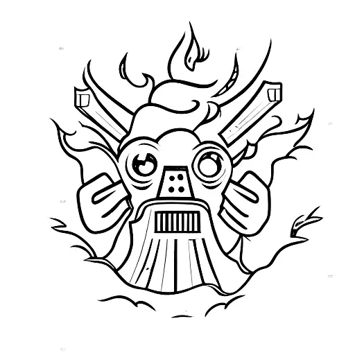 old movie projector with film going into dumpster fire tattoo design idea