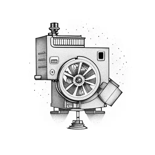 old movie projector with film going into dumpster fire tattoo design idea