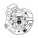 old movie projector with film going into dumpster fire tattoo design idea