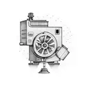 old movie projector with film going into dumpster fire tattoo design idea