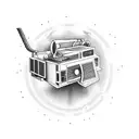 old movie projector with film going into dumpster fire tattoo design idea