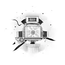 old movie projector with film going into dumpster fire tattoo design idea