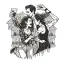 A playful illustration of roommates enjoying a night out in Buenos Aires, with elements of dancing and drinking featured prominently tattoo design idea