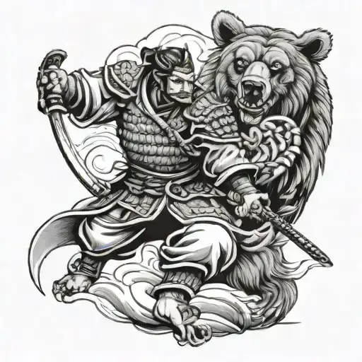 A samurai warrior battling a bear in a traditional Japanese setting tattoo design idea