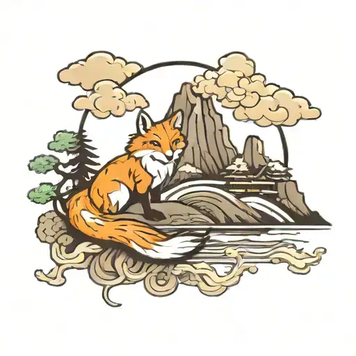 Design a traditional style tattoo showcasing the 9 tail fox in a classic Japanese landscape setting, with elements like mountains and clouds tattoo design idea