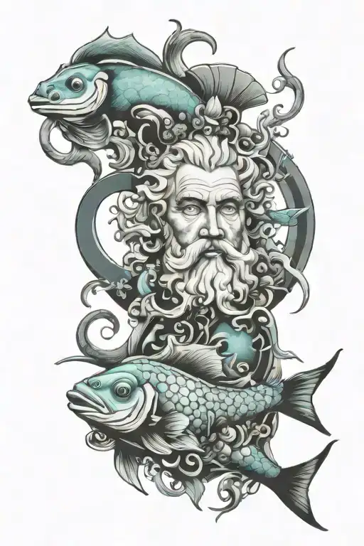 Neptune god with Pisces fish  tattoo design idea