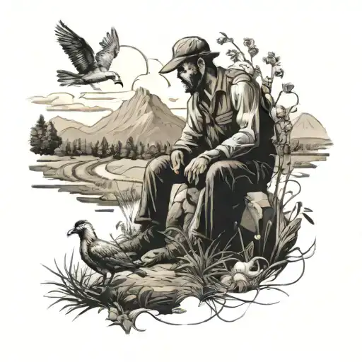 A tattoo design featuring a mountain landscape with a farmer working in the fields, surrounded by wildlife and birds tattoo design idea