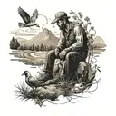 A tattoo design featuring a mountain landscape with a farmer working in the fields, surrounded by wildlife and birds tattoo design idea