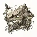 A tattoo design featuring a mountain landscape with a farmer working in the fields, surrounded by wildlife and birds tattoo design idea