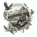 A tattoo design featuring a mountain landscape with a farmer working in the fields, surrounded by wildlife and birds tattoo design idea