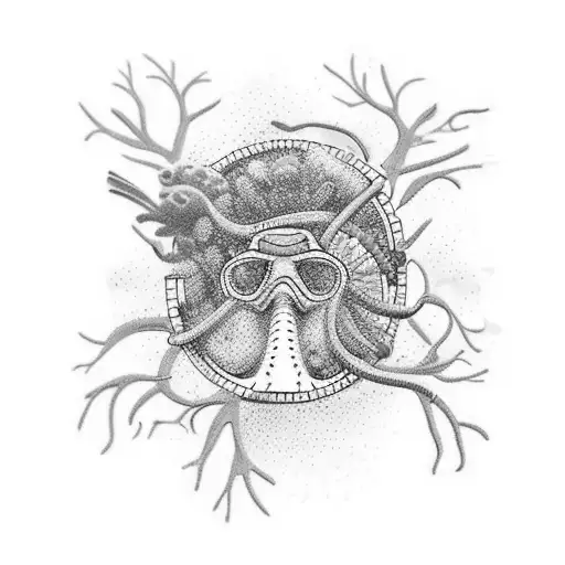 A minimalist tattoo of a scuba diver surrounded by colorful coral reefs, representing the client's passion for diving. tattoo design idea