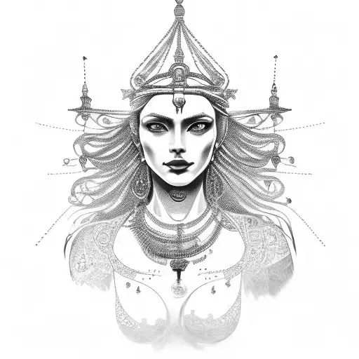 liberta godess full of jewellery standing up, with the world behind her, with symbols of freedom, love, ambition  tattoo design idea