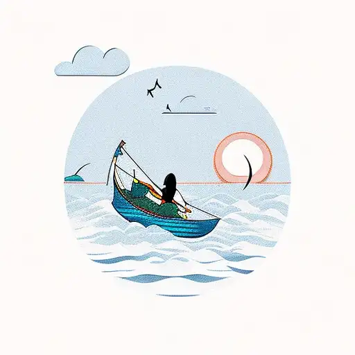 vietnamese woman in a boat, floating on the sea with the sunrise on the background tattoo design idea