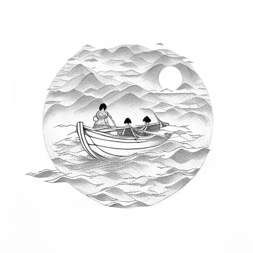 vietnamese woman in a boat, floating on the sea with the sunrise on the background tattoo design idea